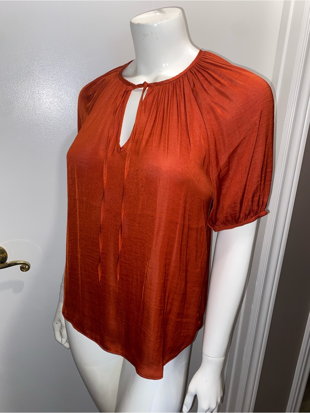 Rachel Zoe Burnt Orange Tie-Neck Short Sleeve Blouse